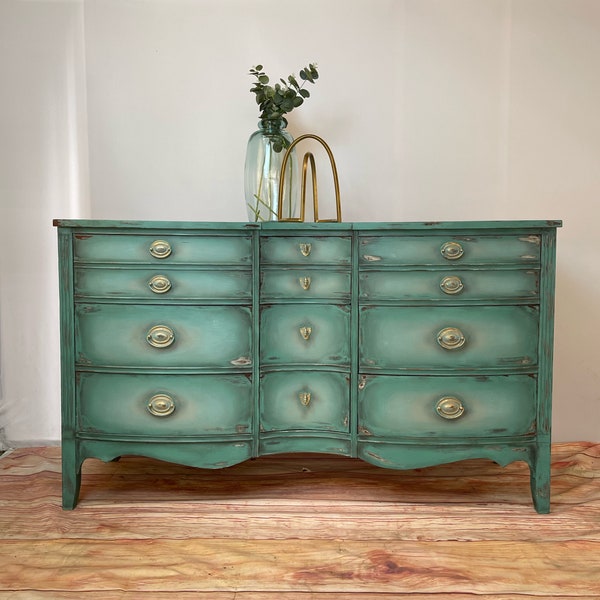 Vintage 9 drawer bowfront serpentine distressed rustic farmhouse teal dresser buffet credenza by Dixie antique console