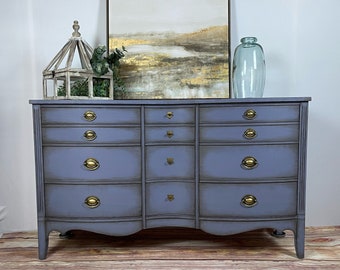 SOLD!!! Vintage 9 Drawer Dresser in Dusty Blue with aged antique accents console credenza