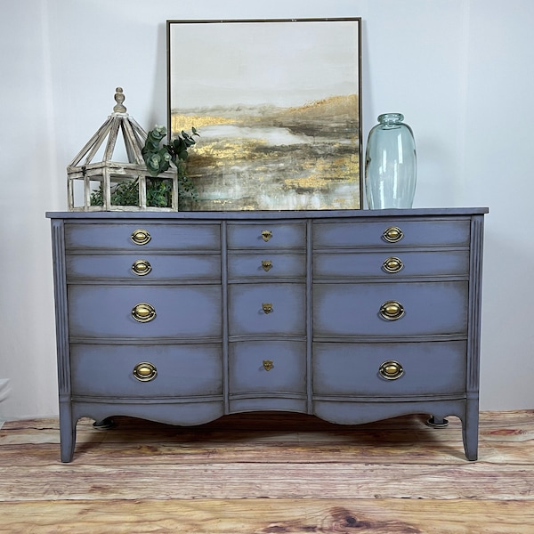 SOLD!!! Vintage 9 Drawer Dresser in Dusty Blue with aged antique accents console credenza