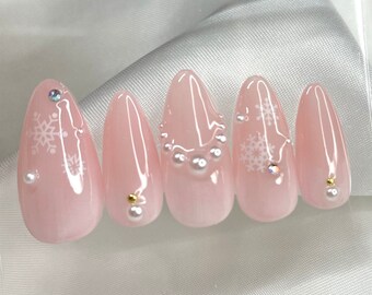 Winter Nails | Christmas Nails | Snow Flake Nails | Aurora Nails | Hand Painted Press On Nails | Pink Nails | Jelly Nails | Ombre Nails