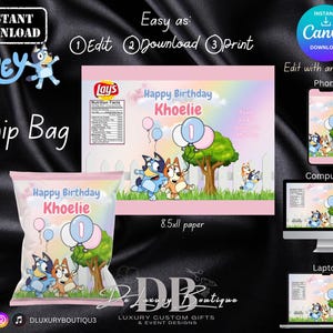 Editable Bluey, Printable,  Chip Bag Template, Instant Download, Party Labels, Personalized