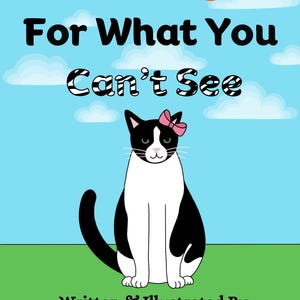 May include: A children's book cover with the title "Don't Bully Me For What You Can't See." A black and white cat with a pink bow sits below the title. The author's name, Larkin Mainwaring, is at the bottom.
