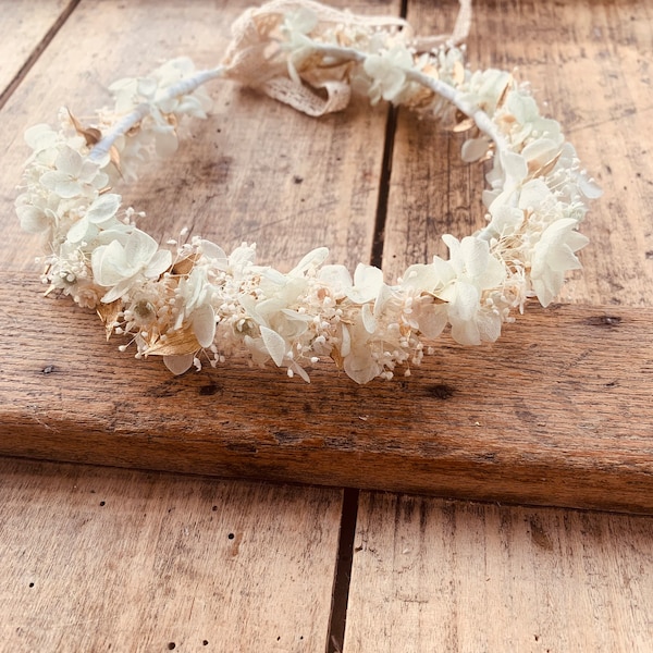 Couronne hortensia fleurs séchées blanc , vert sauge et doré mariée demoiselle d'honneur mariage bohème chic champêtre