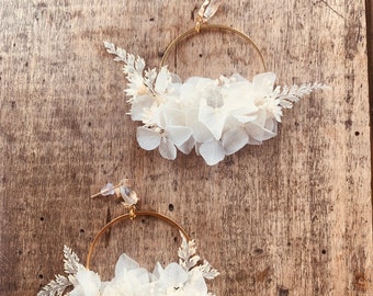 Gedroogde bloemen en witte hortensia hoepel oorbellen bruid bruidsmeisje boho chic bruiloft plattelandsbruiloft