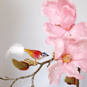 Mini bird 5.5 cm gold red blue Schatzhauser - Lauscha glass art, Thuringian Christmas decorations
