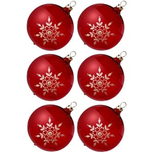 Christmas balls set, 6 red balls Ø 8 cm crystal blossoms, Thuringian glass Christmas decorations