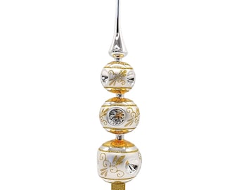 Tripla punta per albero di Natale, 9 riflessi Ø 5 / 6 / 7 cm / 33 cm argento/oro, arte in vetro Lauscha, decorazioni natalizie Schatzhauser