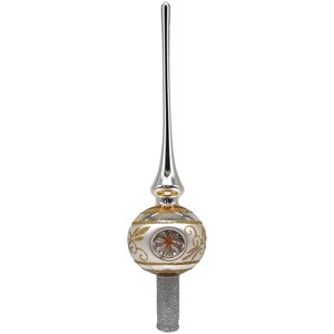 Könnte beinhalten: Ein silberner und goldener Christbaumspitzen mit einer spitzen Spitze und einer runden, verzierten Basis. Die Basis hat einen weißen Hintergrund mit goldenen Akzenten und einem goldenen Stern in der Mitte.