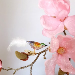Mini bird 5.5 cm blue gold green Schatzhauser - Lauscha glass art, Thuringian Christmas decorations
