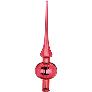 Könnte beinhalten: Ein roter gläserner Christbaumspitzen mit einer spitzen Spitze und einer runden, gerippten Basis.