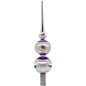 Christmas tree topper, double ball 6 reflections Ø 6 cm / Ø 7 cm / 30 cm silver/purple, Lauscha Glass Art, Schatzhauser Christmas decorations