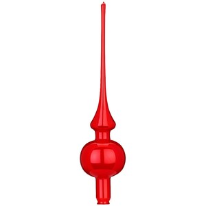 Könnte beinhalten: Ein roter gläserner Christbaumspitzen mit einer spitzen Spitze und einer runden, bauchigen Basis.