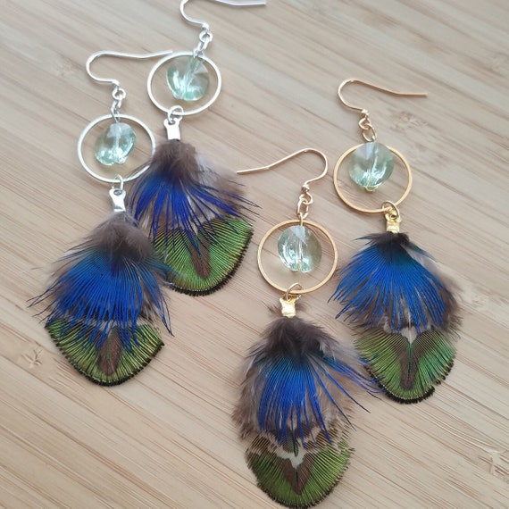 Handmade Peacock Feather Earrings: Teal Swarovski Crystal, Gold