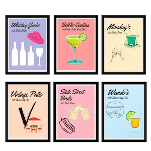 May include: Six illustrated posters for different restaurants and bars. Each poster features a different color scheme and a unique illustration. The posters are framed in black.