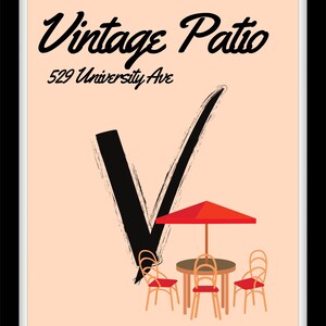 May include: Vintage Patio, 529 University Ave. A black and white illustration of a patio with a red umbrella, a table, and four chairs.