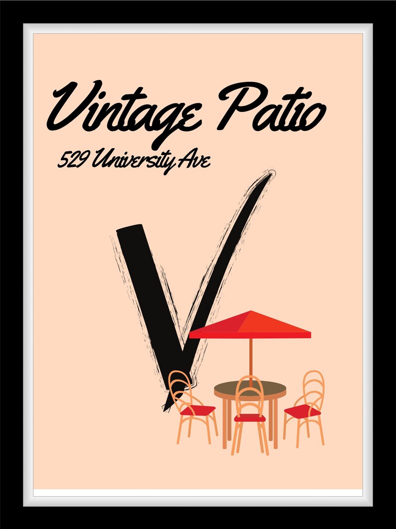 May include: Vintage Patio, 529 University Ave. A black and white illustration of a patio with a red umbrella, a table, and four chairs.