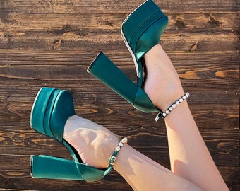 Green Satin Double Platform Rhinestone High Heels - Square Toe Mary Janes - Pumps - Designer - Chunky Crystal - Wedding Summer Party