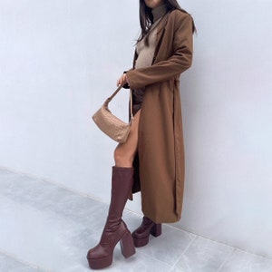 Chocolate Brown Platform Knee High Tall Boots - Faux Leather Vegan Leather - Chunky Trendy Goth - Square Toe - Heeled Boots