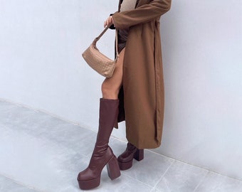 Chocolate Brown Platform Knee High Tall Boots - Faux Leather Vegan Leather - Chunky Trendy Goth - Square Toe - Heeled Boots