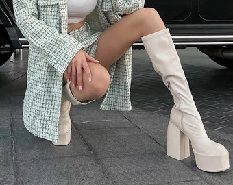 Cream Platform Knee High Tall Boots - Faux Leather Vegan Leather - Off White - Chunky Trendy Goth - Square Toe - Heeled Boots