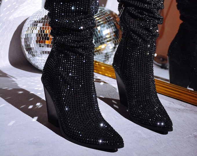 Black Rhinestone Cowboy Tall Knee High Boots Sparkly Bling Stacked Heel ...