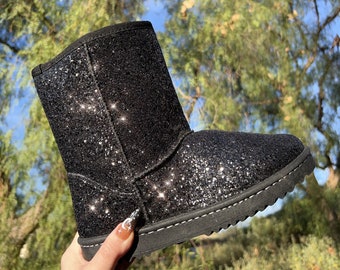 Black Iridescent Glitter Mid Calf Boots - Sparkly Bling Reflective - Fur Lined Winter Boots - Gift - Designer Dupe