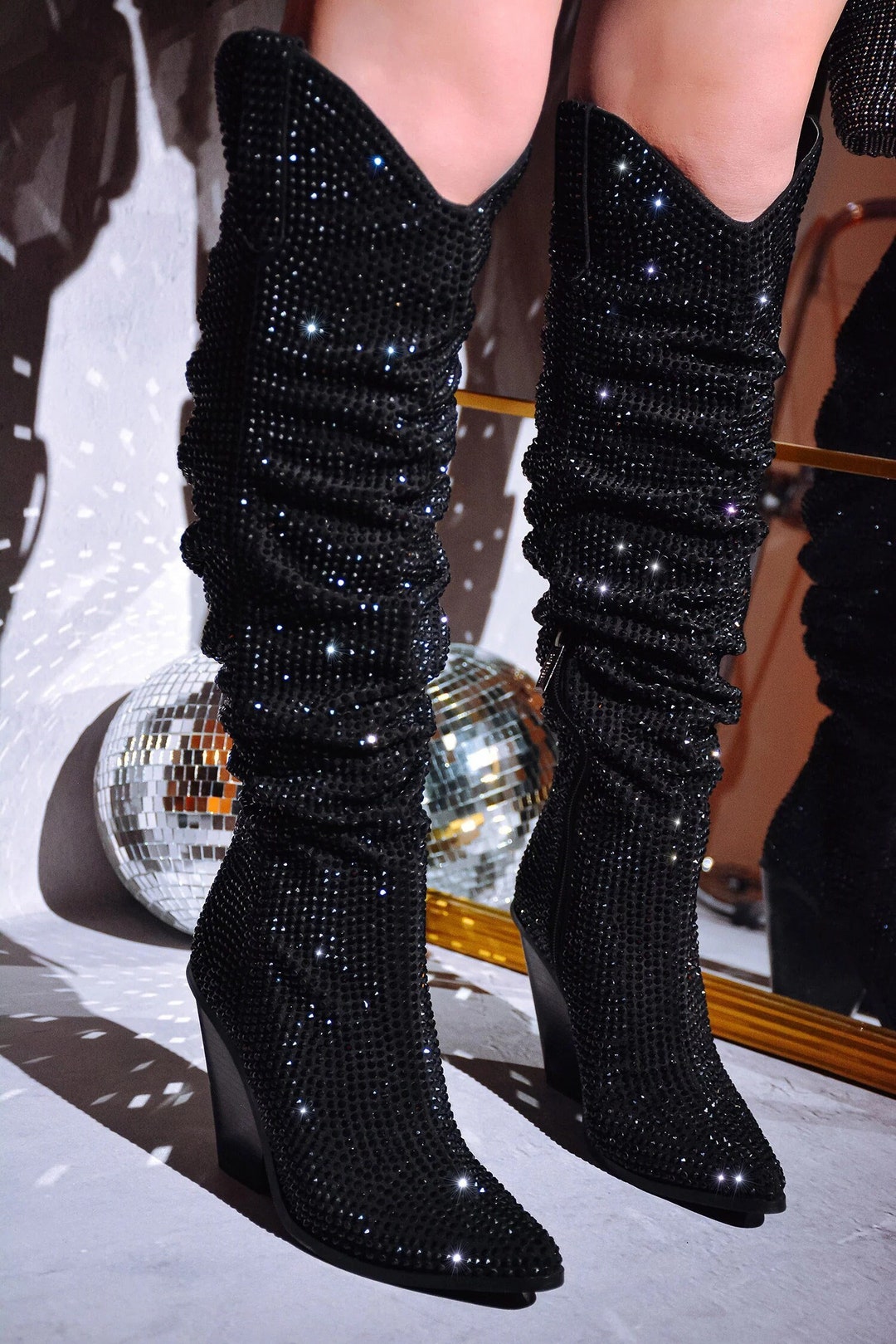 Black Rhinestone Cowboy Tall Knee High Boots Sparkly Bling - Etsy