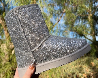 Silver Iridescent Glitter Mid Calf Boots - Sparkly Bling Reflective - Fur Lined Winter Boots - Gift - Designer