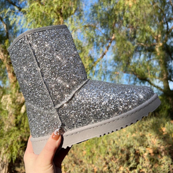 Silver Iridescent Glitter Mid Calf Boots - Sparkly Bling Reflective - Fur Lined Winter Boots - Gift - Designer