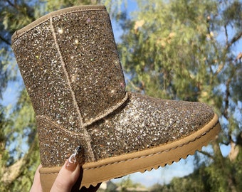 Gold Iridescent Glitter Mid Calf Boots - Sparkly Bling Reflective - Fur Lined Winter Boots - Gift - Designer