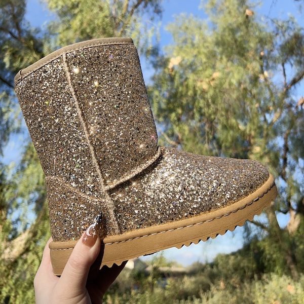 Gold Iridescent Glitter Mid Calf Boots - Sparkly Bling Reflective - Fur Lined Winter Boots - Gift - Designer