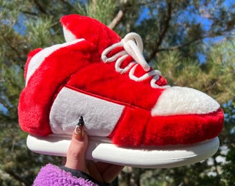 Adult Unisex Plush Sneaker Slippers - Slip On Furry Fuzzy Comfort Novelty - Holiday Birthday Gift