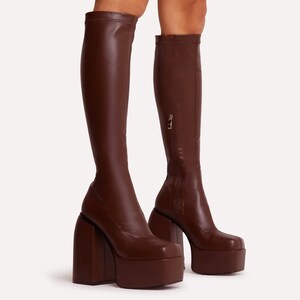 Chocolate Brown Platform Knee High Tall Boots - Faux Leather Vegan ...