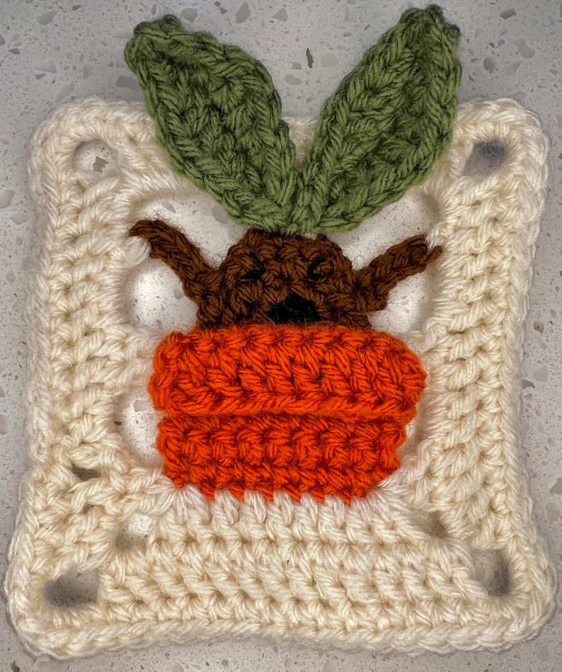 May include: A crocheted square featuring a brown and orange carrot with green leaves. The square is made with white yarn and has a textured, crocheted design.