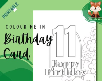 Joyeux 11e anniversaire carte florale couleur imprimable chez les enfants, 11 ans onze, téléchargement PDF numérique, activité de coloriage enfants, bricolage fait à la main