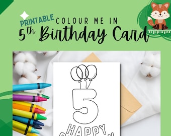 Joyeux anniversaire carte couleur imprimable dans les enfants | 5 ans | Cinquième anniversaire | Téléchargement instantané | Imprimable | Coloriage dans l'activité des enfants