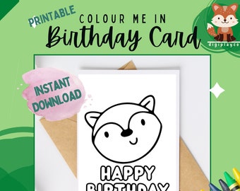 Birthday Card Fox Printable Colour In for Kids | Instant Download | Printable | Coloring In Activity Children | Fox | Craft