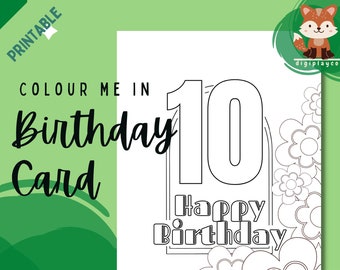Joyeux 10e anniversaire carte florale couleur imprimable chez les enfants, 10 ans, dix, téléchargement PDF numérique, activité de coloriage enfants, bricolage fait à la main