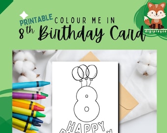 Joyeux anniversaire carte couleur imprimable dans les enfants | 8 ans | Huitième anniversaire | Téléchargement instantané | Imprimable | Coloriage dans l'activité des enfants