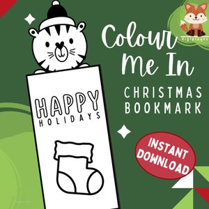 Happy Holidays Colour In Printable Stocking Bookmark, Download Color In Christmas Bookmark, Book Lover Gift, Childrens Printable Activity