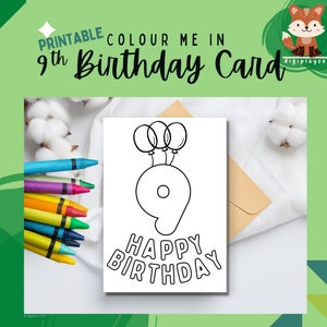 Joyeux anniversaire carte couleur imprimable dans les enfants | 9 ans | Neuvième anniversaire | Téléchargement instantané | Imprimable | Coloriage dans l'activité des enfants