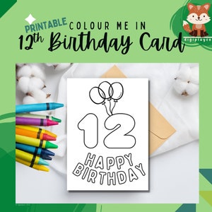 Alles Gute zum Geburtstag Karte Druckbare Farbe In Kinder | 12 Jahre alt | Zwölfter Geburtstag | Sofort Download | Druckbar | Ausmalen In Aktivität Kinder