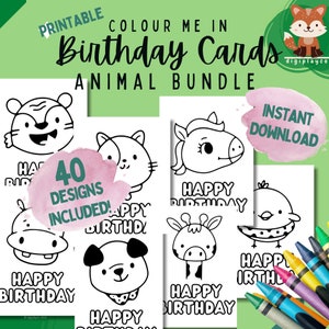 MASSIVE BUNDLE Happy Birthday Animal Card Printable Colour In Kids, Animal Birthday, Handmade Birthday Cards, Coloring In Activity Children