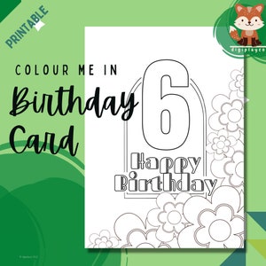 Gelukkige 6e verjaardag bloemenkaart afdrukbare kleur bij kinderen, 6 jaar oud, zes, digitale PDF-download, kleuractiviteit kinderen, DIY handgemaakt
