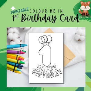 Cartão de aniversário em cores para impressão para crianças | 1 ano | Primeiro Aniversário | Download instantâneo | Imprimível | Colorir Em Atividade Infantil