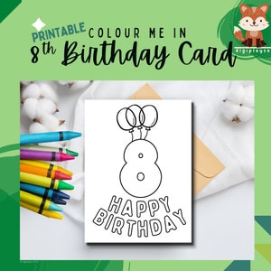 Alles Gute zum Geburtstag Karte Druckbare Farbe In Kinder | 8 Jahre alt | Achter Geburtstag | Sofort Download | Druckbar | Ausmalen In Aktivität Kinder