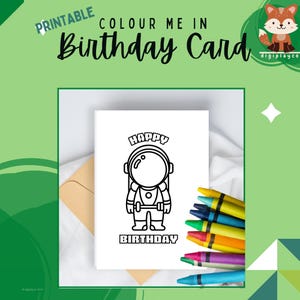 Happy Birthday Space Card Printable Colour In Kids, Astronaut, Preschool, Digital PDF Download, Coloring Activity Children, DIY Handmade