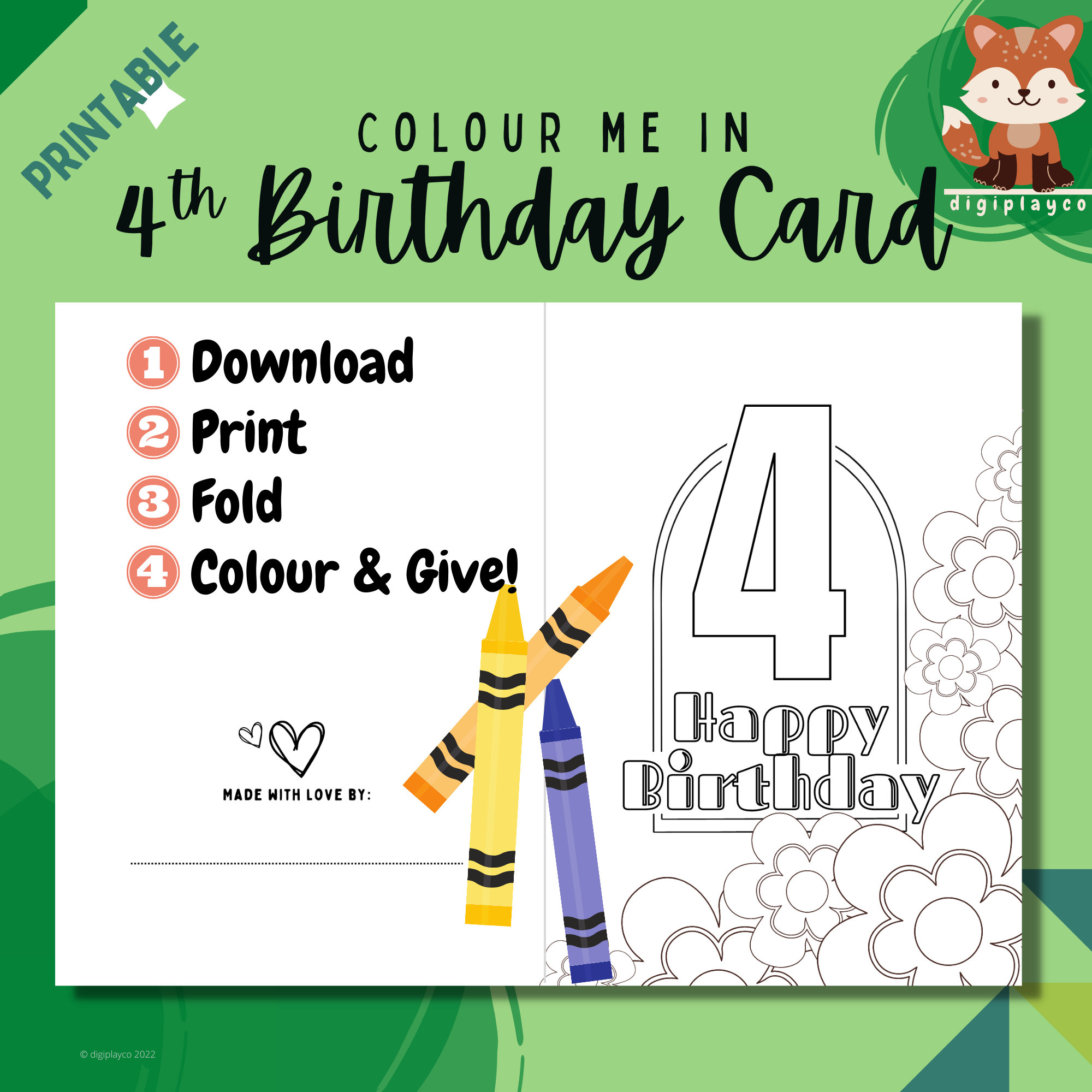 Happy 4th Birthday Floral Card Printable Colour in Kids, 4 Year Old ...