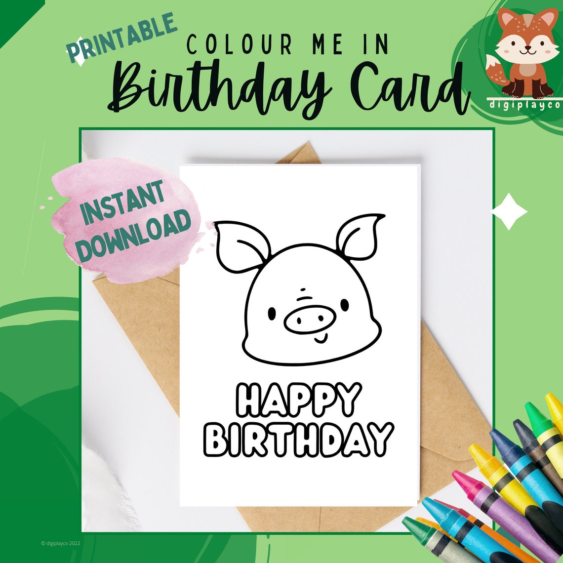 Birthday Card Pig Printable Colour in for Kids | Instant Download | Pig ...