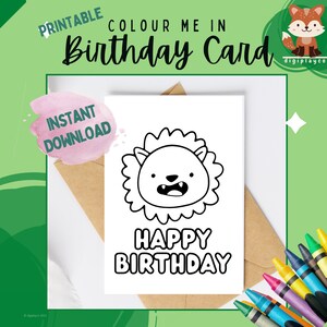 Carte d'anniversaire Lion imprimable en couleur pour enfants | Téléchargement instantané | Animaux à imprimer | Activité à colorier pour enfants | Artisanat amusant avec un lion image 2